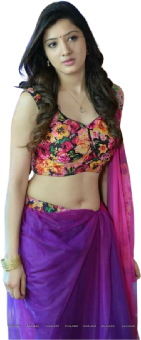 Indian girl in open saree with multi flower blouse free png