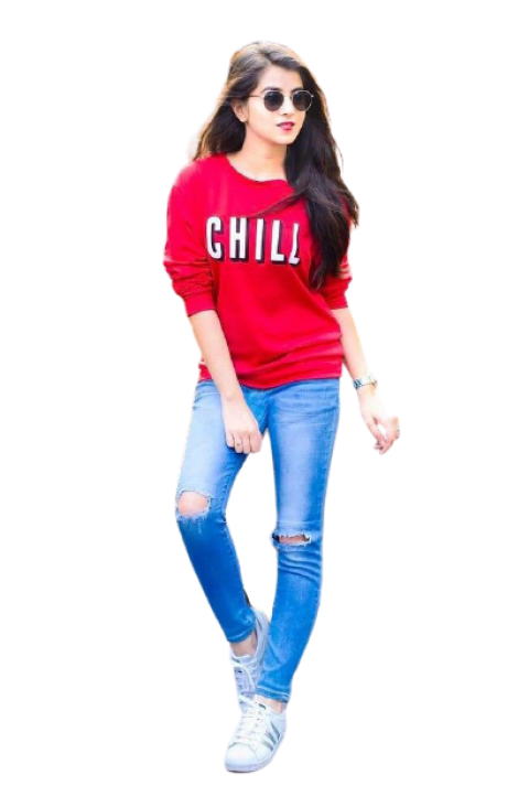 Beautiful girl in Jean's and red shirt with joggers free png