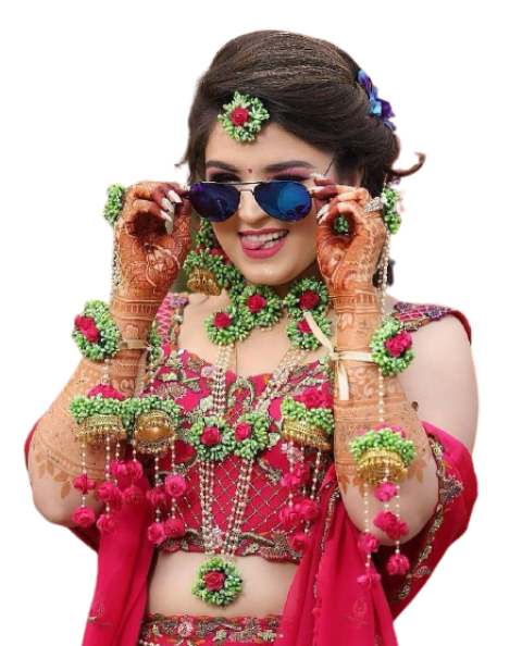 Indian bridal in pink lehnga and flower jewelry with glasses free png