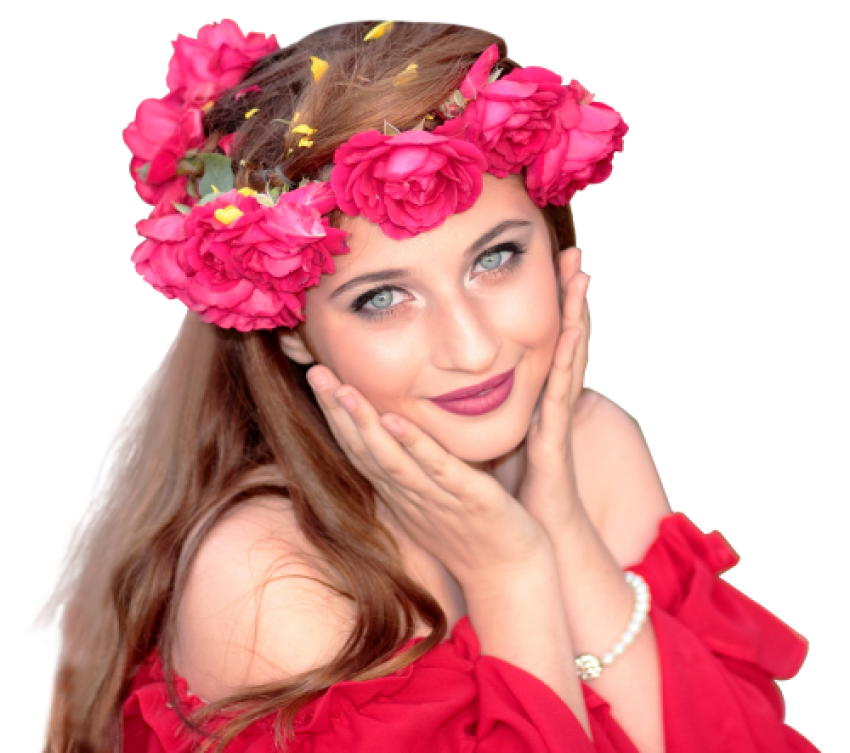 Beautiful girl with rose crown in red dress free png