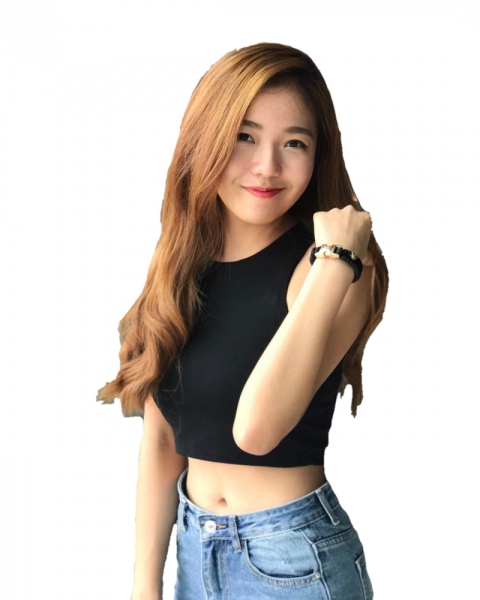 Beautiful Chinese girl in black blouse and blue jeans free png