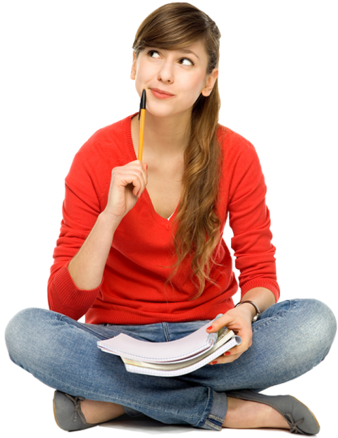Female Student thinking with pencil hold red shirt blue jeans free png