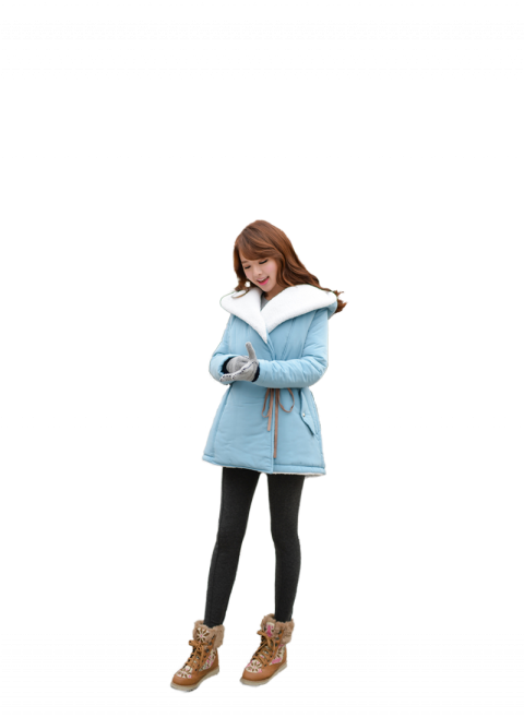Winter asian girl closed eyes with grey gloves and  blue coat brown shose