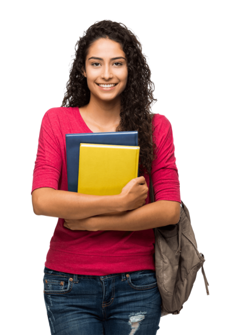 Happy Female Student with bag hold books yellow and blue, pink shirt blue jeans free png