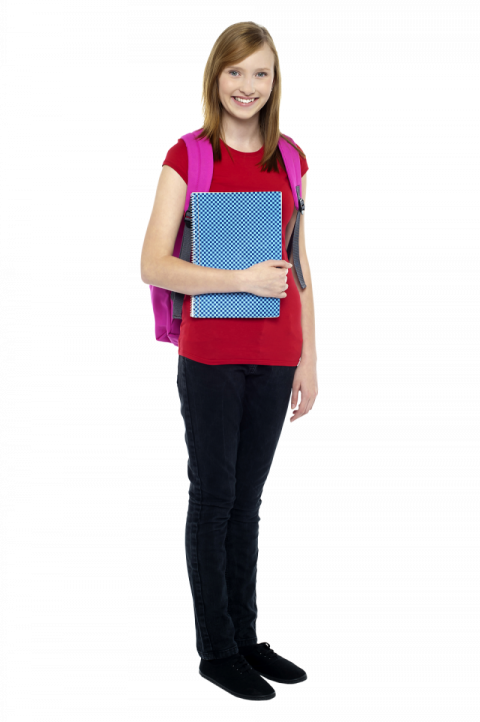 Young Girl Student red shirt black pant with notebook and bag free png
