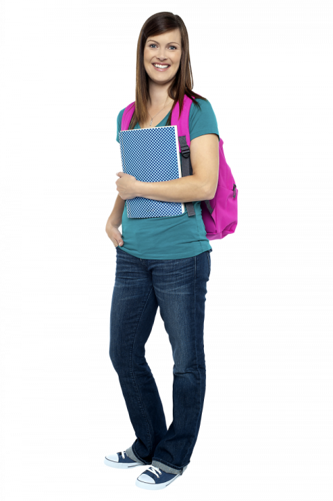 University student girl with pink bag note book green shirt blue Jean's free png