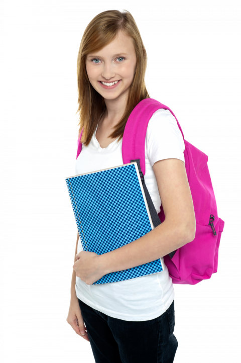 Beautiful Young Girl Student white shirt black pant with notebook pink bag free png