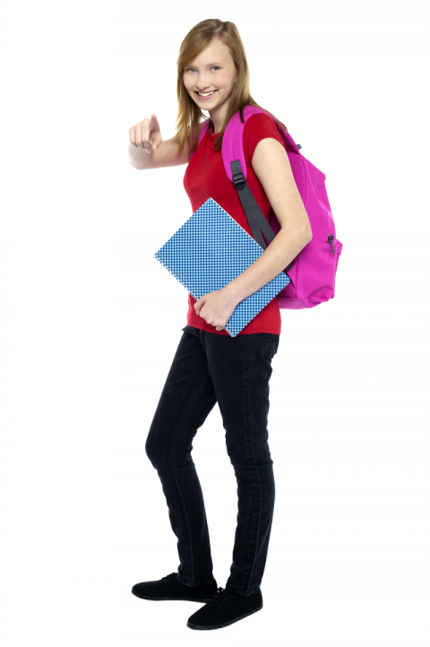 Girl Student happy to see someone red shirt black pant with black shose free png