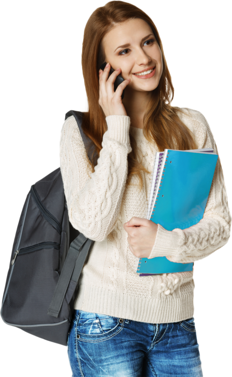 Female Student hold paper folder talking on mobile phone free png