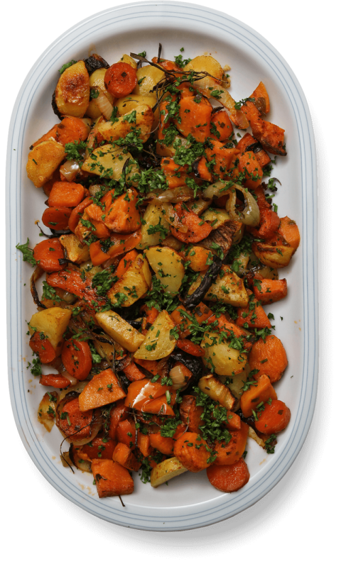 Baked Vegetables In White Tray,Roasted Potatoes With Carrot And Onion With Coriander Sprinkle,HD Salad Photo Free Download PNG Image,Transparent Background