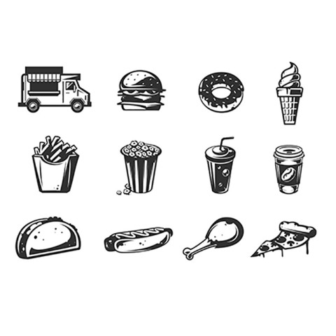 Vector black icons - car fast delivery of food or food truck, se