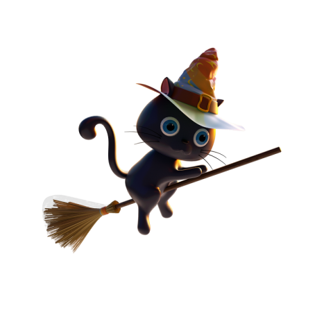 Halloween cat riding a broom PNG Download