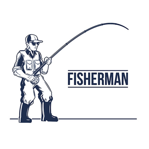 Fishing label emblem with rod and fisherman.