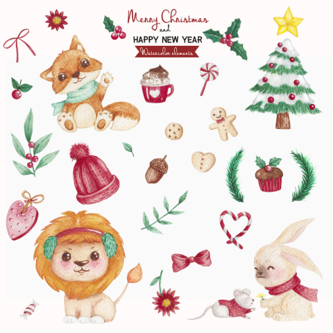 Watercolor elements christmas set lion PNG Free Download
