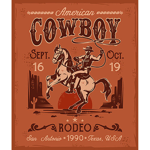 Rodeo poster with a cowboy sitting on  rearing horse in retro st