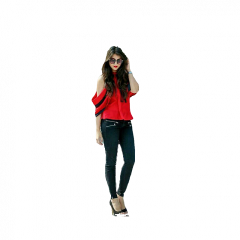 Stylish girl in red shirt and black jeans with galsses free png