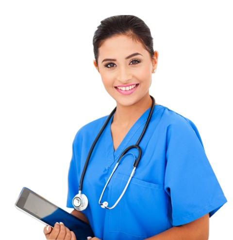 Beautiful lady doctor in blue uniform hold mobile tab free png