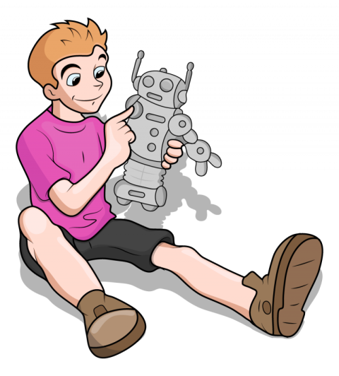 Cartoon Boy Playing with Toy , Free Vector Playing Boy with Robot , illustration - Transparent Free Download