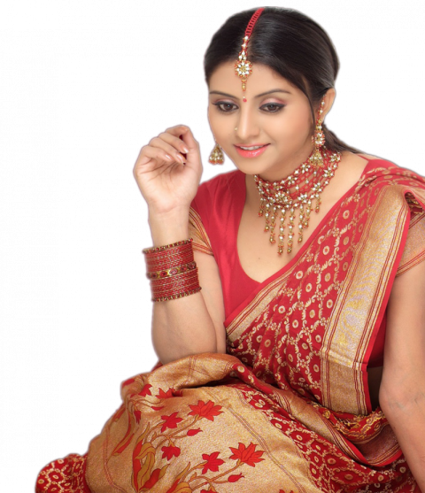 Indian bride old fashion in red saree and red jewelry