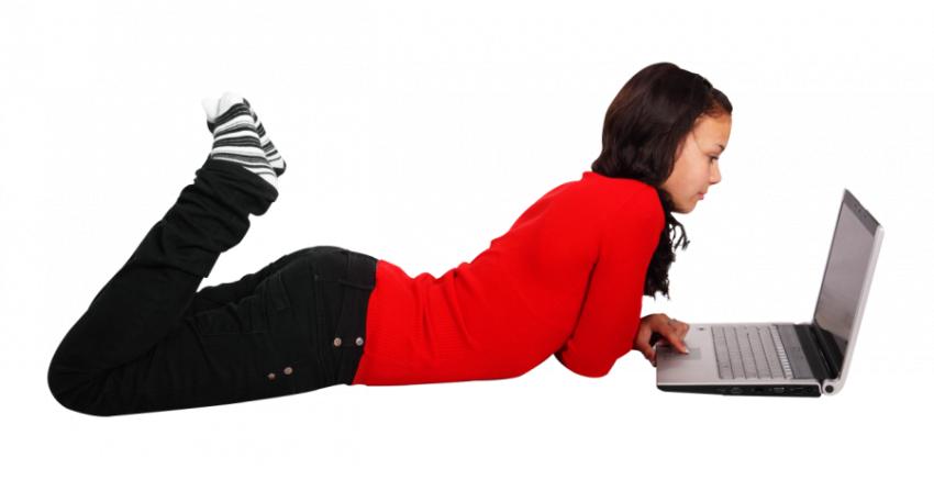 Teen Age Girl using black screen laptop red shirt black pant free png