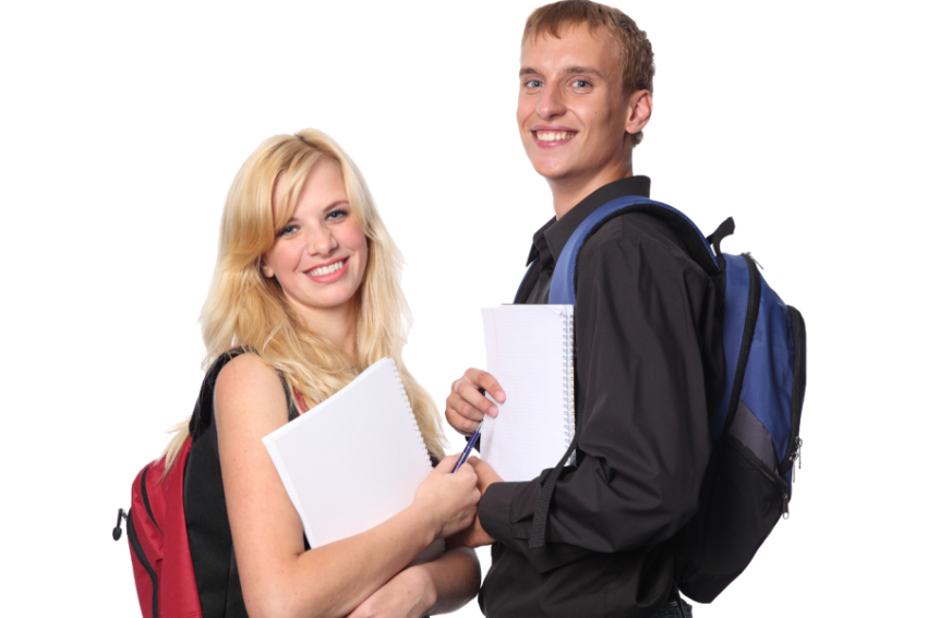 Happy Couple Student with notebooks and bags free png