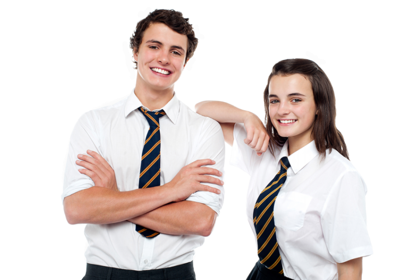 Couple Student's college in uniform white colour blue and golden tie free png