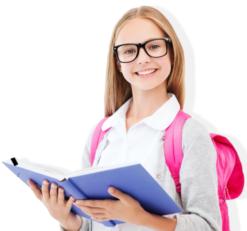Teen age cute girl student with blue book pink bag white dress free png
