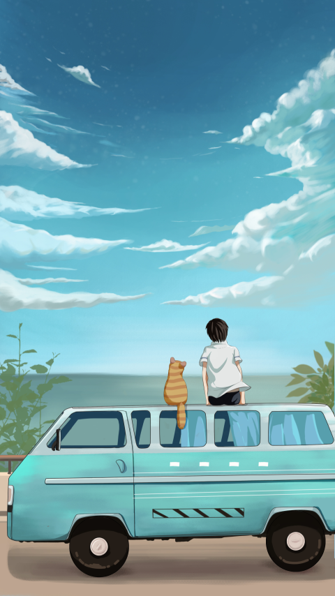 Teenager and cat looking up Free PNG Download