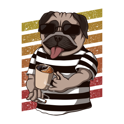 Pug dog drinking coffee retro Free PNG Download