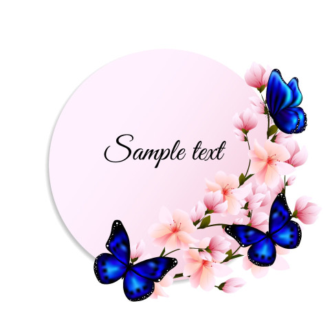 Round banner with blue butterflies and delicate pink flowers of sakura