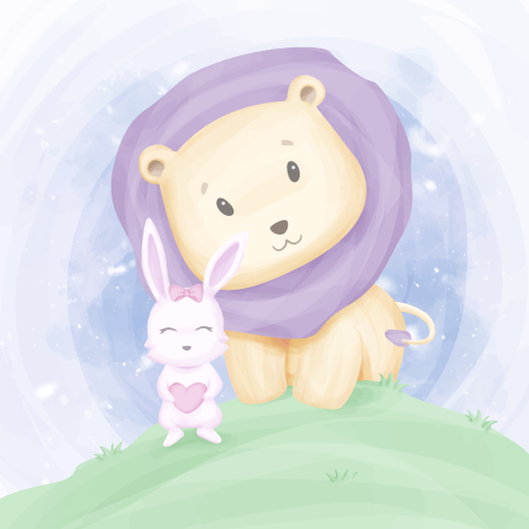 Friendship baby lion and rabbit PNG Free Download