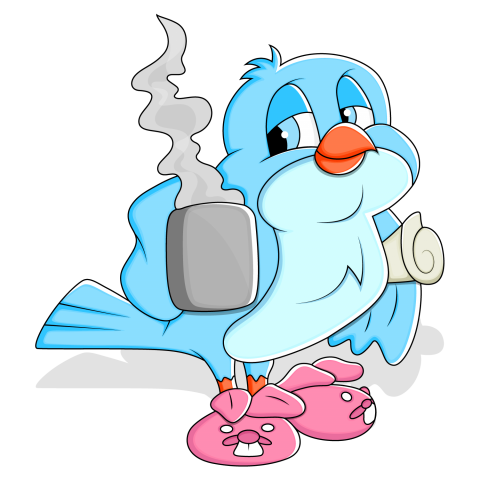 Vector Cartoon Cute Blue Sparrow with Hot Teacup & Map Images ,PNG Free Download